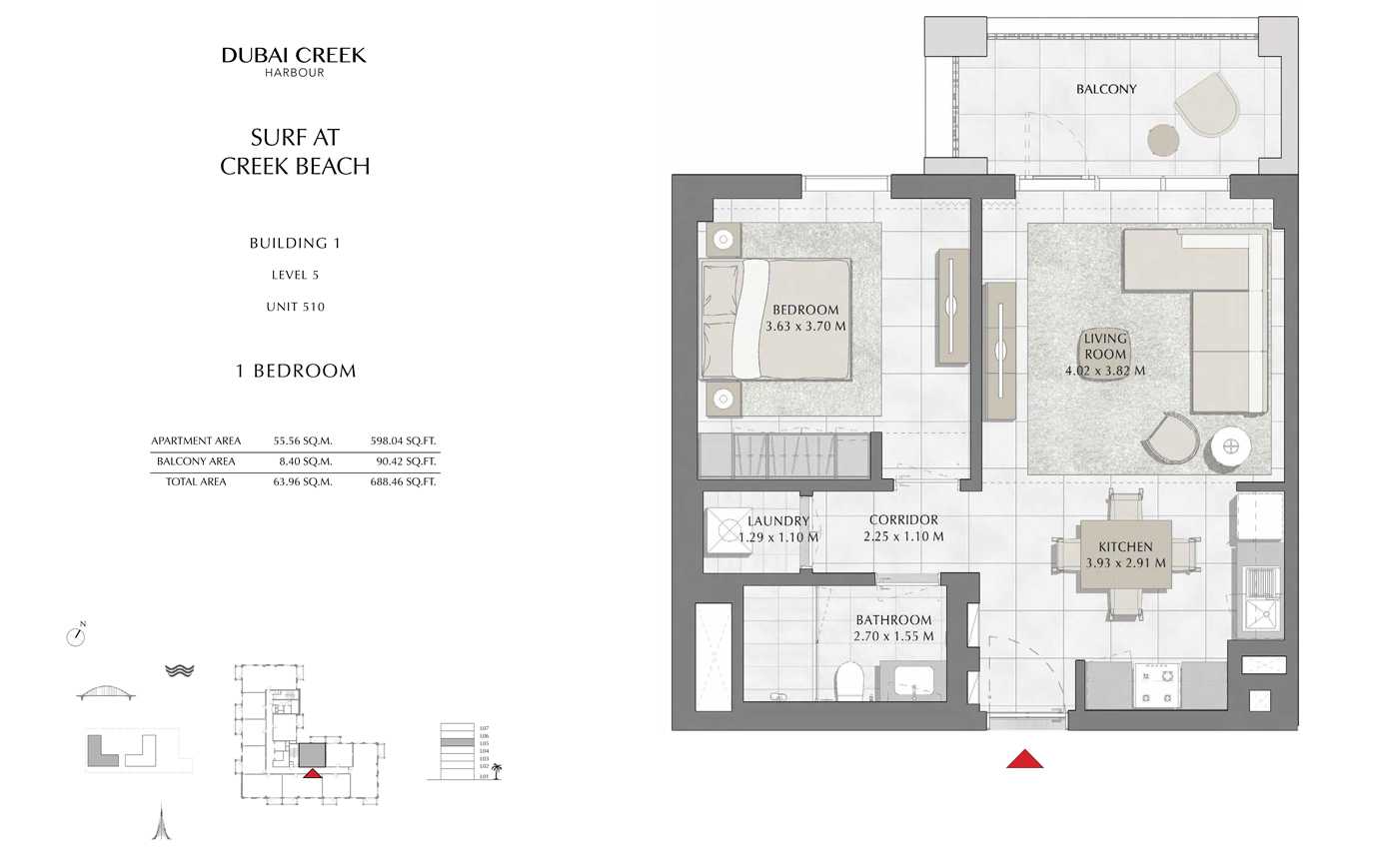 Building 1, 1 Bedroom, Level 5, Unit 510, Size 688 Sq Ft